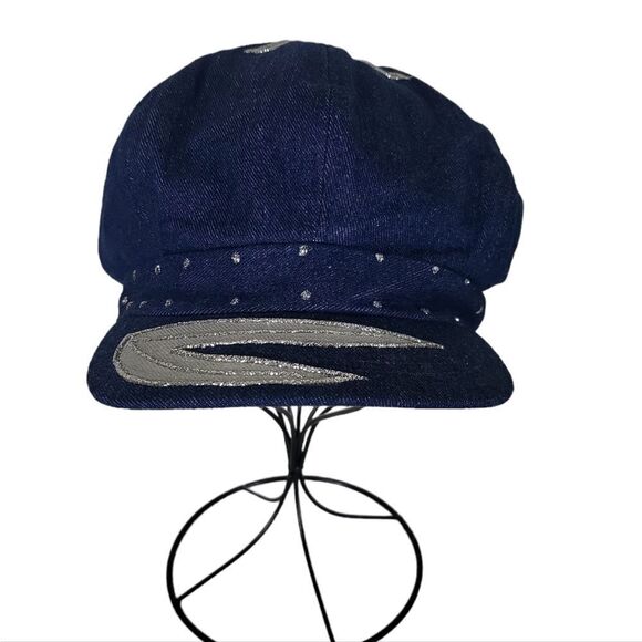 𝅺A. C. Clothing Roni Ram Inc Blue Denim & Silver Glitter Newsboy Cap Hat - Picture 1 of 9